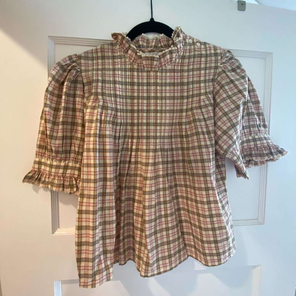 DÔEN short sleeve blouse with high-neck collar | Sz S